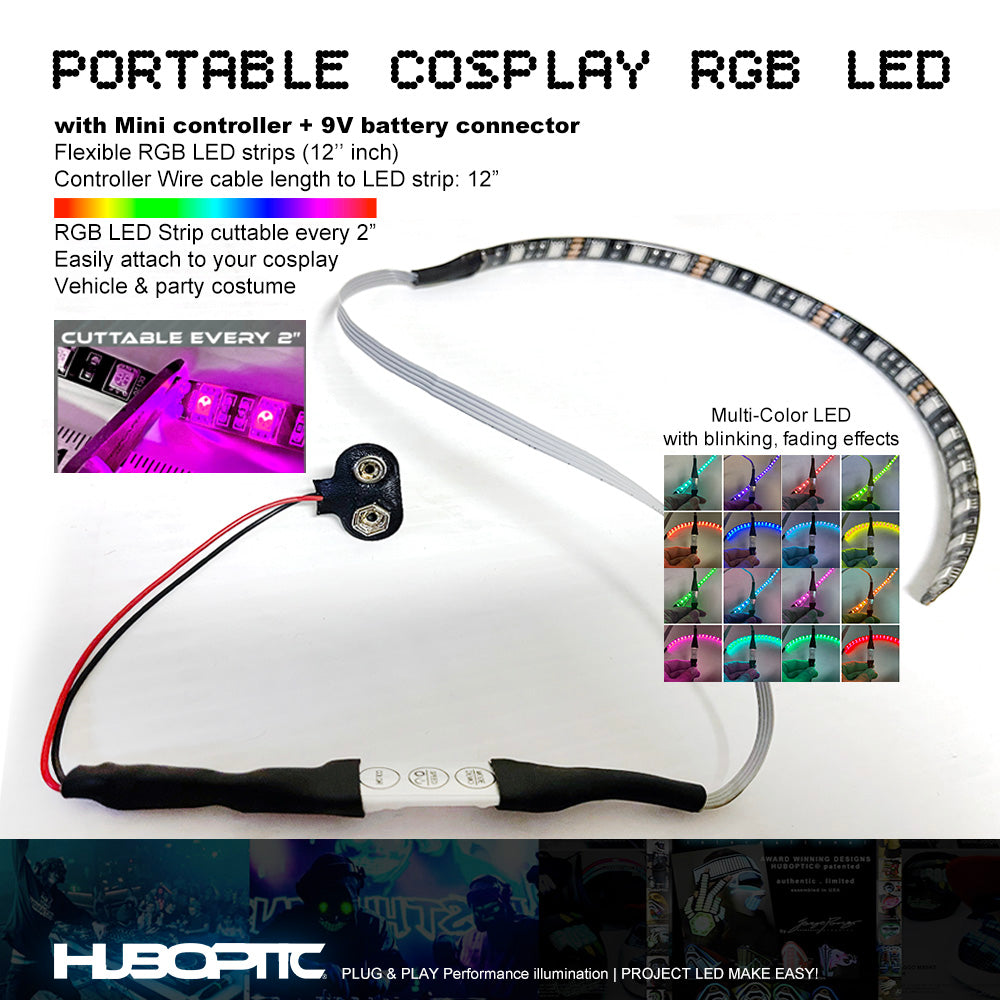 Cosplay lights Multicolor RGB 12" inch LED Strips Mini Controller - Blink Fade Flexible Cuttable every 2" portable string costume props light