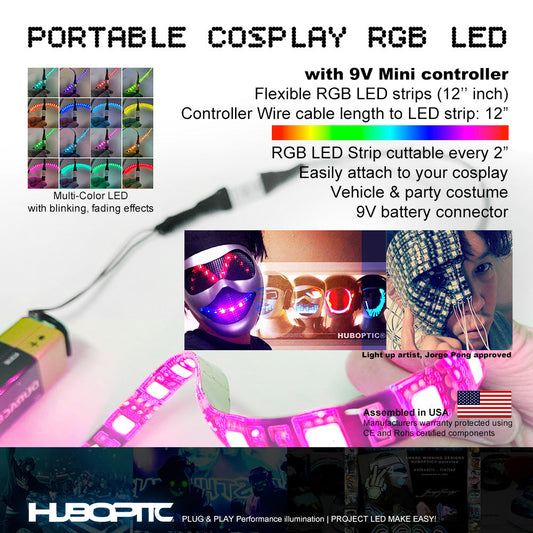 Cosplay lights Multicolor RGB 12" inch LED Strips Mini Controller - Blink Fade Flexible Cuttable every 2" portable string costume props light