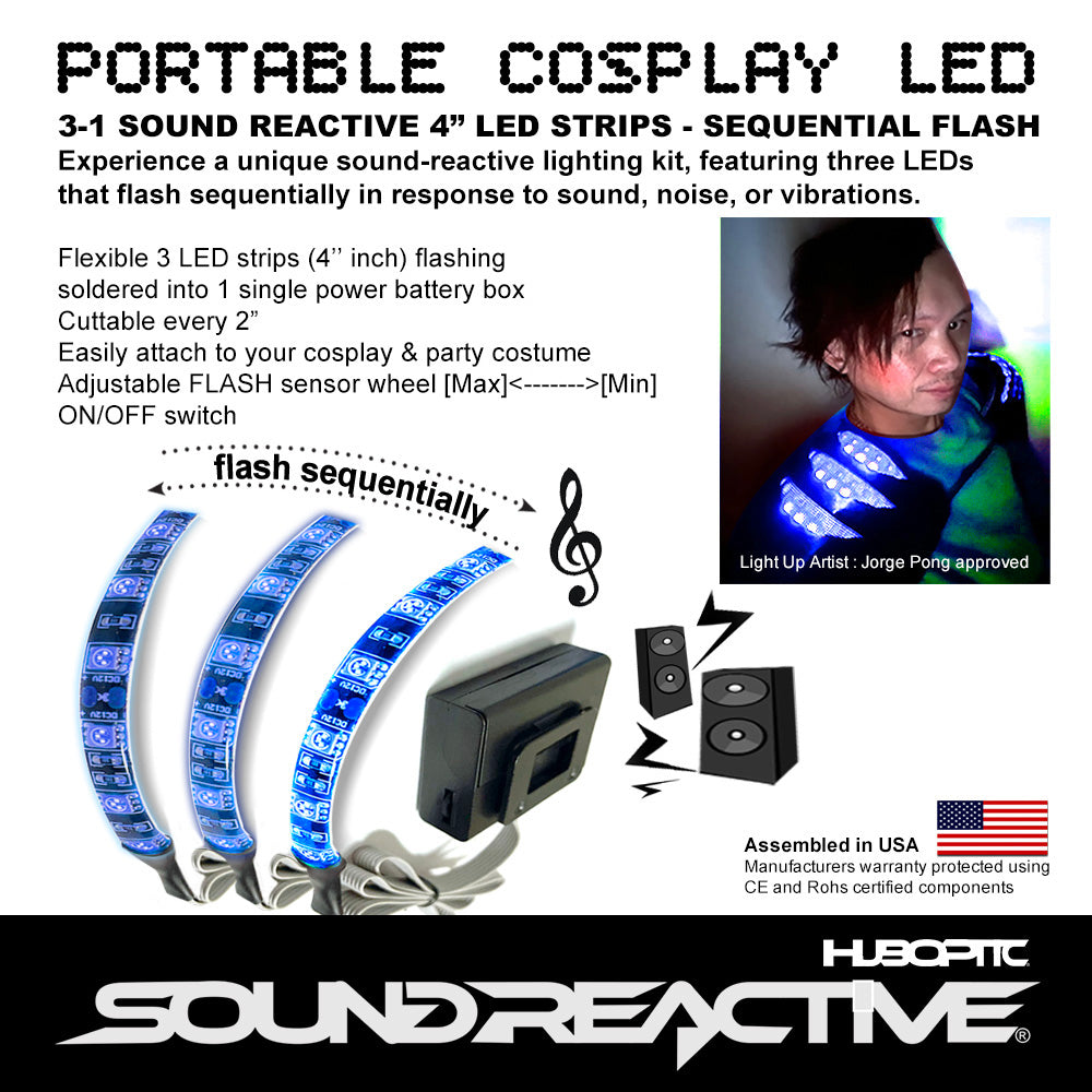 3 Sound reactive 4" inch LED Strips Flash Sequentially - Cuttable Cosplayer Sequence sound activate lights portable string light Sequential EQ style lighting